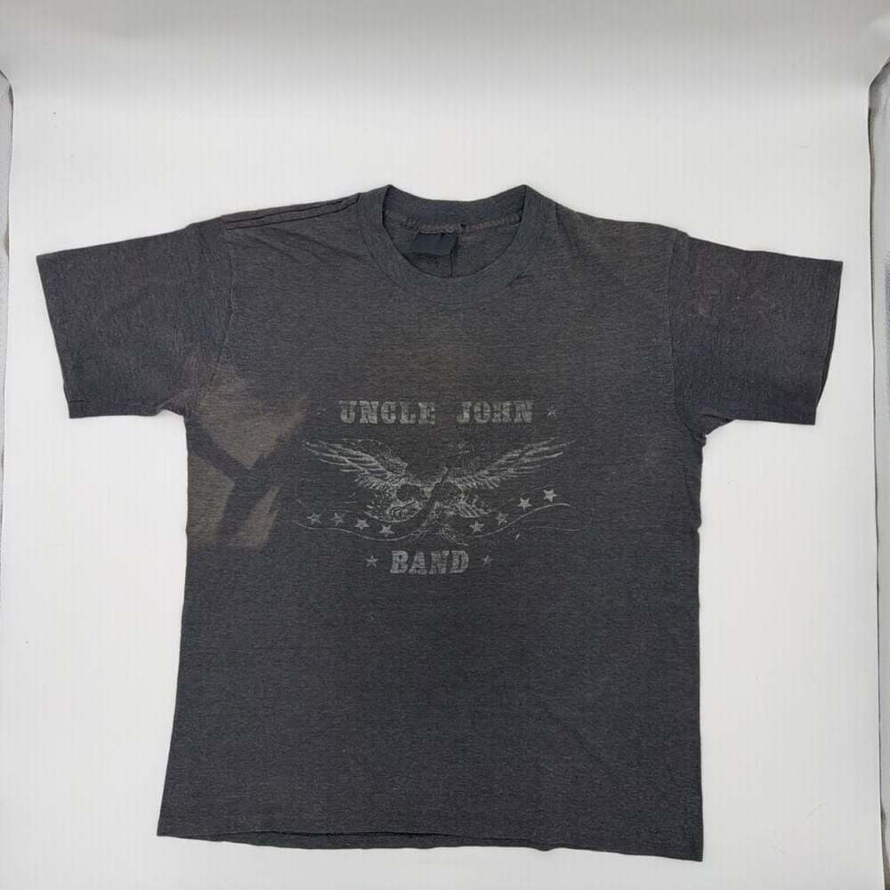 Vintage Uncle John Band Graphic T-Shirt Charcoal Gray Distressed Rock‎ Tee